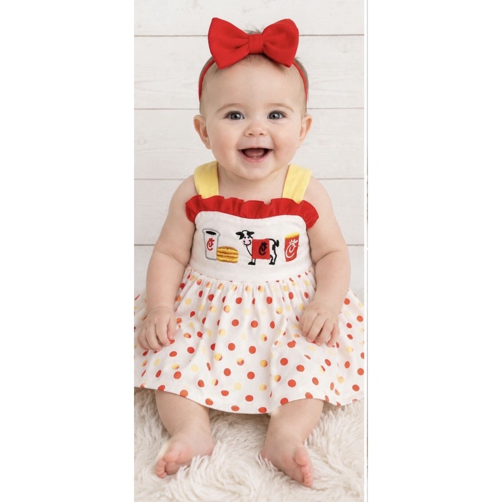 Boutique Chick Fil A Applique Baby Girl Dress 3-6M Polka Dot Bow Back